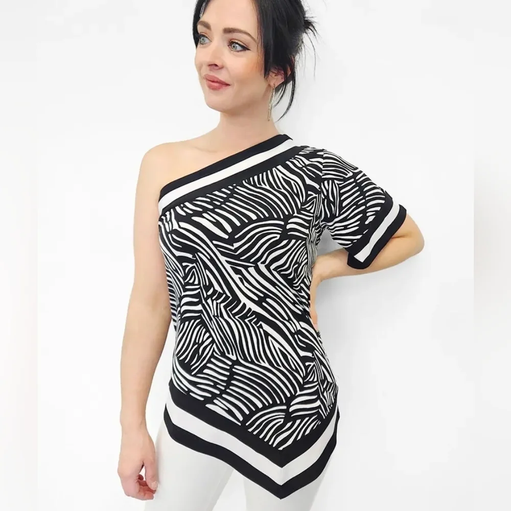 Michael Kors Women's Zebra Border-Print One-Shoulder Top, Black/White. Size S.